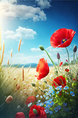 Spring background in the field with poppies, Spring blue sky. IA generate.