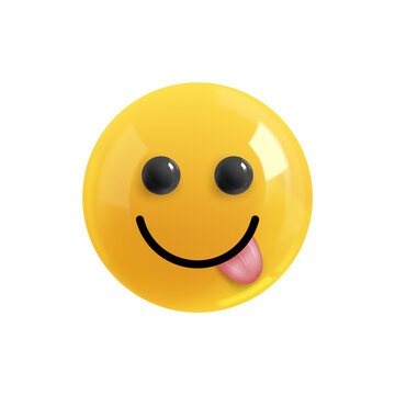 Emoji face cheerful smile with tongue hanging out. Realistic 3d design. Emoticon yellow glossy color. Icon in plastic cartoon style isolated 