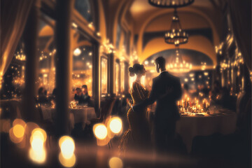 Naklejka premium A romantic couple dances in a luxury restaurant at night in Saint Valentine's day. Generative ai