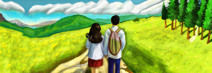 A couple backview hiking in the great outdoors painting  Generative AI