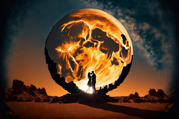 A romantic couple enjoying a date at a desert at night with a big full moon as background. Generative ai.