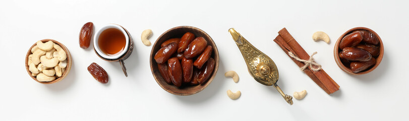 Concept of Muslim holy month Ramadan Kareem, top view