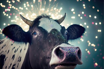 Cow having fun at a New Year's Eve party with fireworks - AI Generated