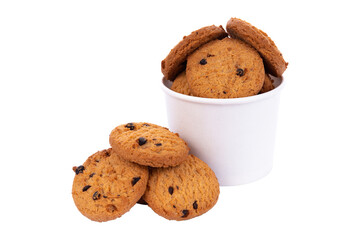 Chocolate chip cookie in bolwl on white background