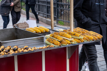fried corn and chestnuts on the counter, food concept