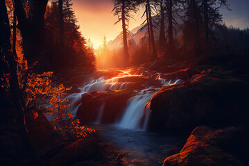 Obraz na płótnie Canvas 森の中の滝、夕焼け