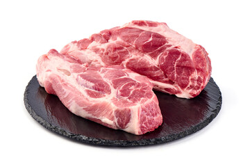 Raw pork shoulder steaks, isolated on white background. High resolution image.