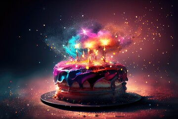 Birthday Cake Delicious Icing Frosting Colorful Whimsical with Lit Candles and Sparklers in Background Image