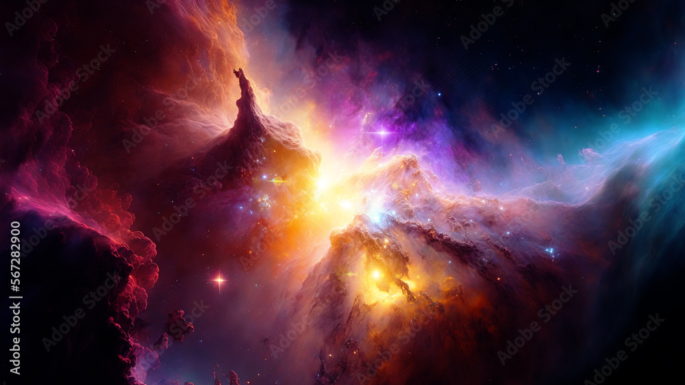 Poster large panoramic view of a colorful dark blue nebula in space. cosmic background with bright shining 