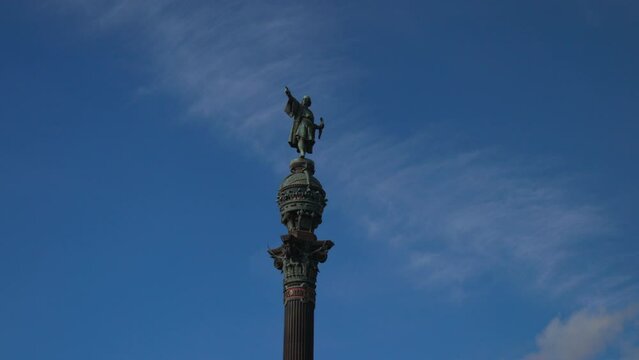 View of the Statue of Mirador de Colom, dedicated to Christopher Columbus. Barcelona, Spain. High quality 4k footage