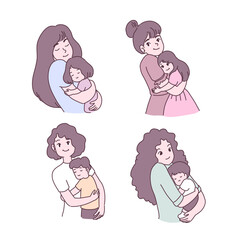 Big isolated mother loving her child, happy young mom caring her kid, flat Vector illustration in cartoon style