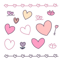 Collection of big isolated hand drawn love elements set in Valentine concept, flat Vector illustration for Valentine's day invitation cards and page decoration