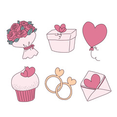 Collection of big isolated hand drawn love elements set in Valentine concept, flat Vector illustration for Valentine's day invitation cards and page decoration