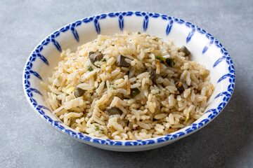 Traditional delicious Turkish food; rice pilaf with pine nuts and currants (Turkish name; ic pilav or pilaf)