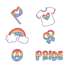 Collection of big isolated hand drawn rainbow love elements set in Valentine concept, flat Vector illustration for Valentine's day invitation cards and page decoration