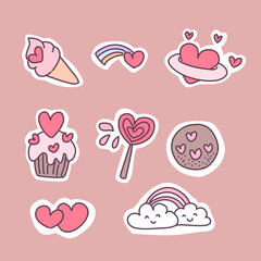 Obraz premium Collection of big isolated hand drawn love elements set in Valentine concept, flat Vector illustration for Valentine's day invitation cards and page decoration