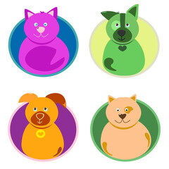 Colorful round badges with dogs and cats in flat style