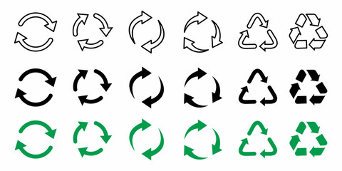 Set of symbols and signs for design recycling, green and black symbols isolated on white background. Big set of Recycle icon. Recycle Recycling symbol. Vector illustration. Isolated on white backgroun