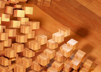 Conceptual wooden product presentation stage. Levitating array of wooden block with subtle light strips in them.