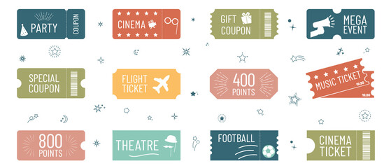 Different Isolated Cinema, Movie, Concert, Theatre, Flight, Football, Ticket Icon Illustrations Set