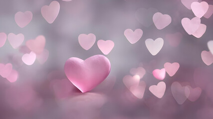 Pink heart Background. Soft & gentle, pink and light blue bokeh background, 3D. Valentine's Day, sweet romance, love, aesthetic concept. Gorgeous backdrop, copy space. Wallpaper, card, generative AI.