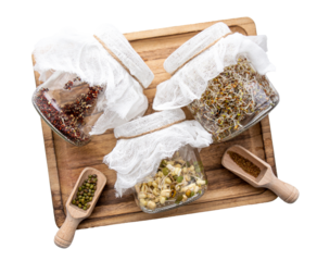 Various seed sprouts growing in home in glass jars, healthy vitamin rich food snack. Lucerne or Alfalfa, mung bean sprouts, broccoli sprouts seeds in glass jars. Tray isolated on white background.
