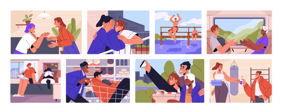 Friendship moments concept. Best friends spending time, leisure. Happy men, women relaxing at home, in nature, gathering together, quarreling, comforting, having fun. Flat vector illustrations