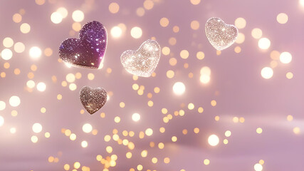 Sparkly glitter hearts floating in a joyful rhythm, with glowing bokeh on soft pink backdrop. Luxurious, elegant love wallpaper, Valentine's Day, message, marriage, card, engagement, love & romance 4K
