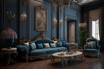 Illustration of glamour modern style interior design. Dark Blue hounse room, blue sofa and pillos, beautiful view, table, picture frame, Generative Ai