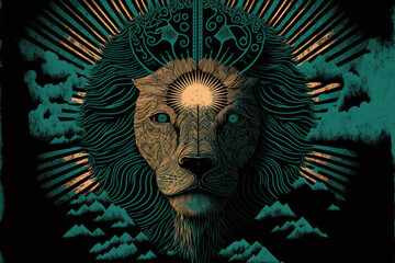surreal ancient lion with doom sky and dark energy (generative AI) - obrazy, fototapety, plakaty
