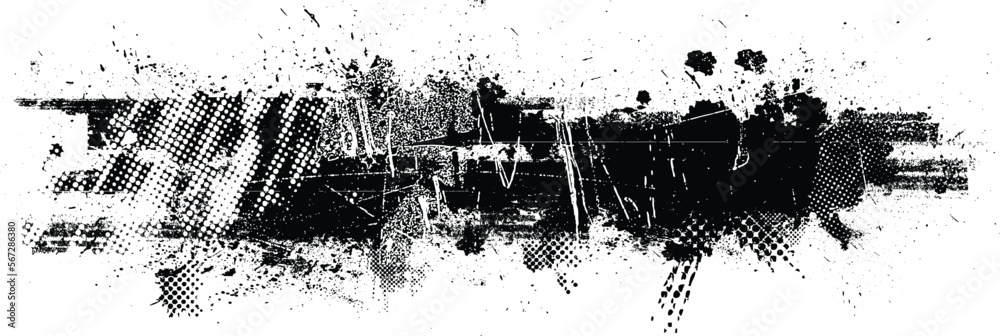 Poster Glitch distorted grungy banner . Noise destroyed background . Trendy defect overlay texture . Glitched collage .Grunge textured . Distressed effect .Vector shape.  halftone dots . Screen print texture