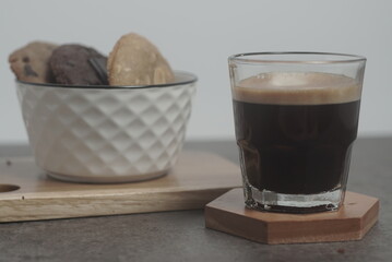 A bowl of cookies with espresso, Flat Lay, Closeup