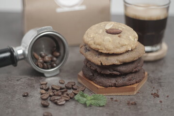 Stacking cookies with espresso coffee and garnish coffee beans