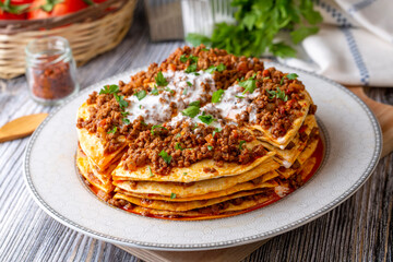 Turkish Food Kayseri Yaglama with Minced Meat, Yogurt and Tomato Paste
