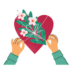 Valentine's day. Decoration of a big red heart with flowers and a bow. Declaration of love. Making a valentine of a loved one. Hand drawn vector flat illustration for banner, postcard or poster.