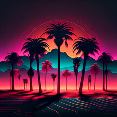 Cyberpunk futuristic neon dark background. Summer landscape, palm trees and cyber city lights. Illustration, Generative AI.