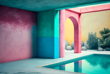 Fictitious futuristic construction. Multicolored concrete walls and floors and different decorative architectural elements. Swimming pool integrated in which reflect different elements. Generative AI