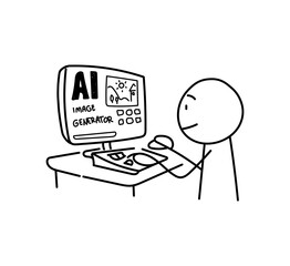 Artificial intelligence image generator, a stick figure in front of the computer using artificial intelligence based image generator to create image, isolated on white background.