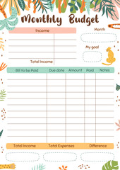Monthly budget planner template for print. Printable budget planner, worksheet A4 size. Vector illustration paper decorated jungle leaves, leopard.