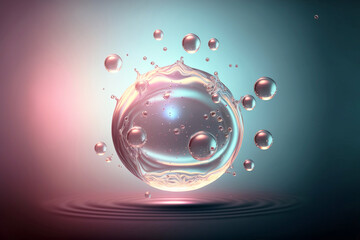 Cosmetic essence glittering  molecule bubble. Collagen, vitamin or serum drop for moisturizer. Liquid molecule chemical structure floating on water background with Generative AI.