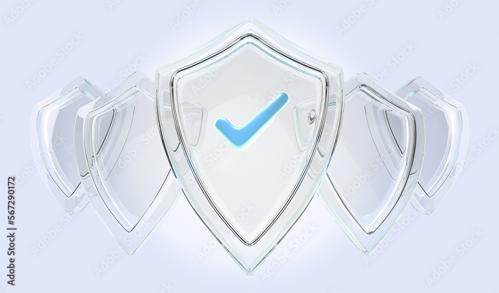 Poster glass shield with tick sign on blue background 3d render icon set. concept of privacy, secure data p