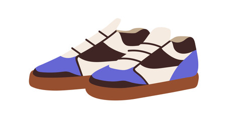 Casual sneakers, modern sport shoes in street style. Fashion trainers pair. Feet sportswear, footwear. Unisex athletic stylish foot wear. Flat vector illustration isolated on white background