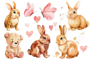 Cute drawing bunny, bear, butterfly. Animal on isolated white background. Watercolor hand drawn illustration