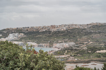 Fototapeta na wymiar View over the sea and the Northern city Mellieha in Malta. 