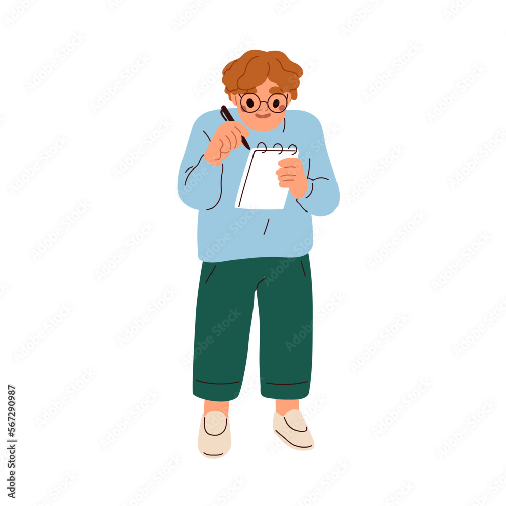 Poster boy nerd in glasses. smart kid in eyeglasses, writing, taking notes in notepad. interested enthusias
