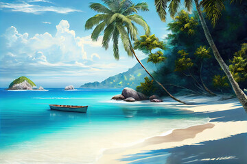 Remote white sandy beach on tropical island with crystal clear waters as travel destination illustration (Generative AI)