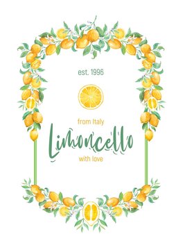 Label for Limoncello, lemonade. Garland of lemon branches with fruits, leaves, flowers. Tropical design. Watercolor illustration.