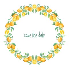 Colorful watercolor lemon summer wreath. Modern bright design. A hand-drawn illustration in the Provence style. Hand-drawn design of citrus fruits with leaves on a white background.