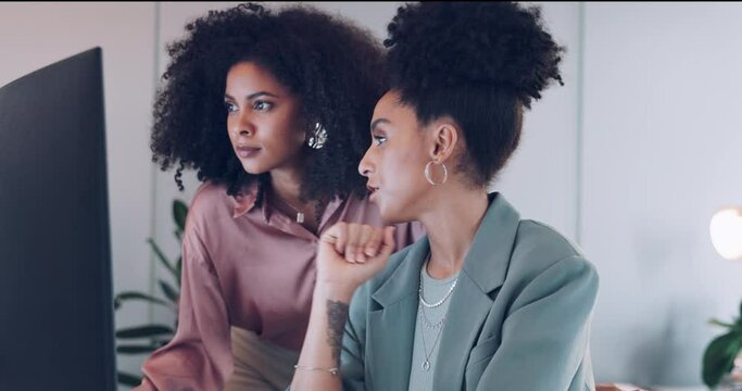 Computer, black woman or manager coaching, training or helping an employee with mentorship at office desk. Leadership, collaboration or worker with a question talking or speaking of digital marketing