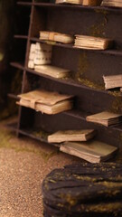 Abandoned books room from diorama or miniature , ancient vintage photo, ruined room from model room
